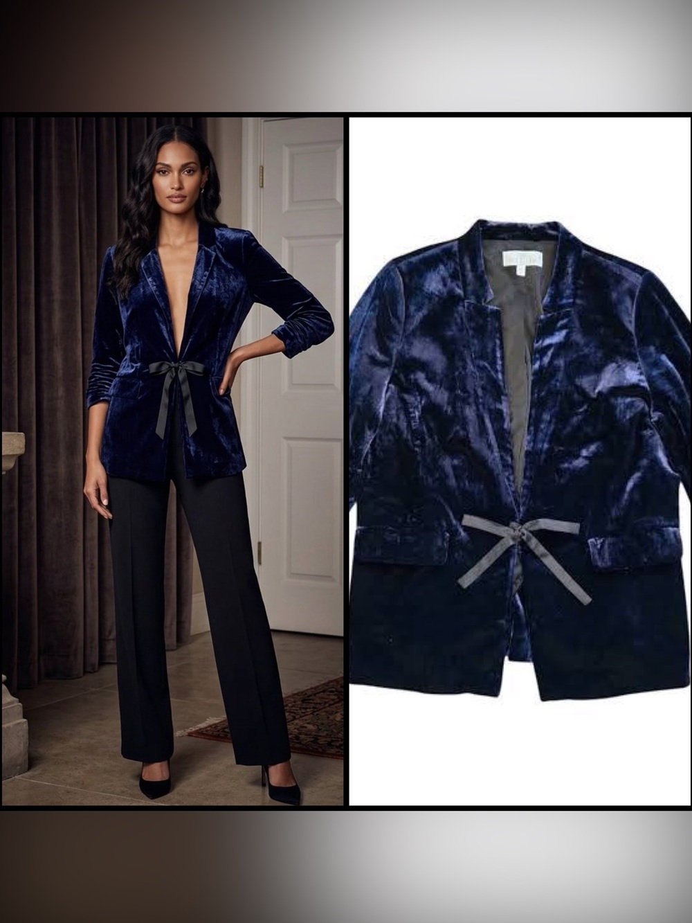 Torrid Navy Blue Crushed Velvet Open Front Ribbon Tie Blazer Coquette Jacket  12